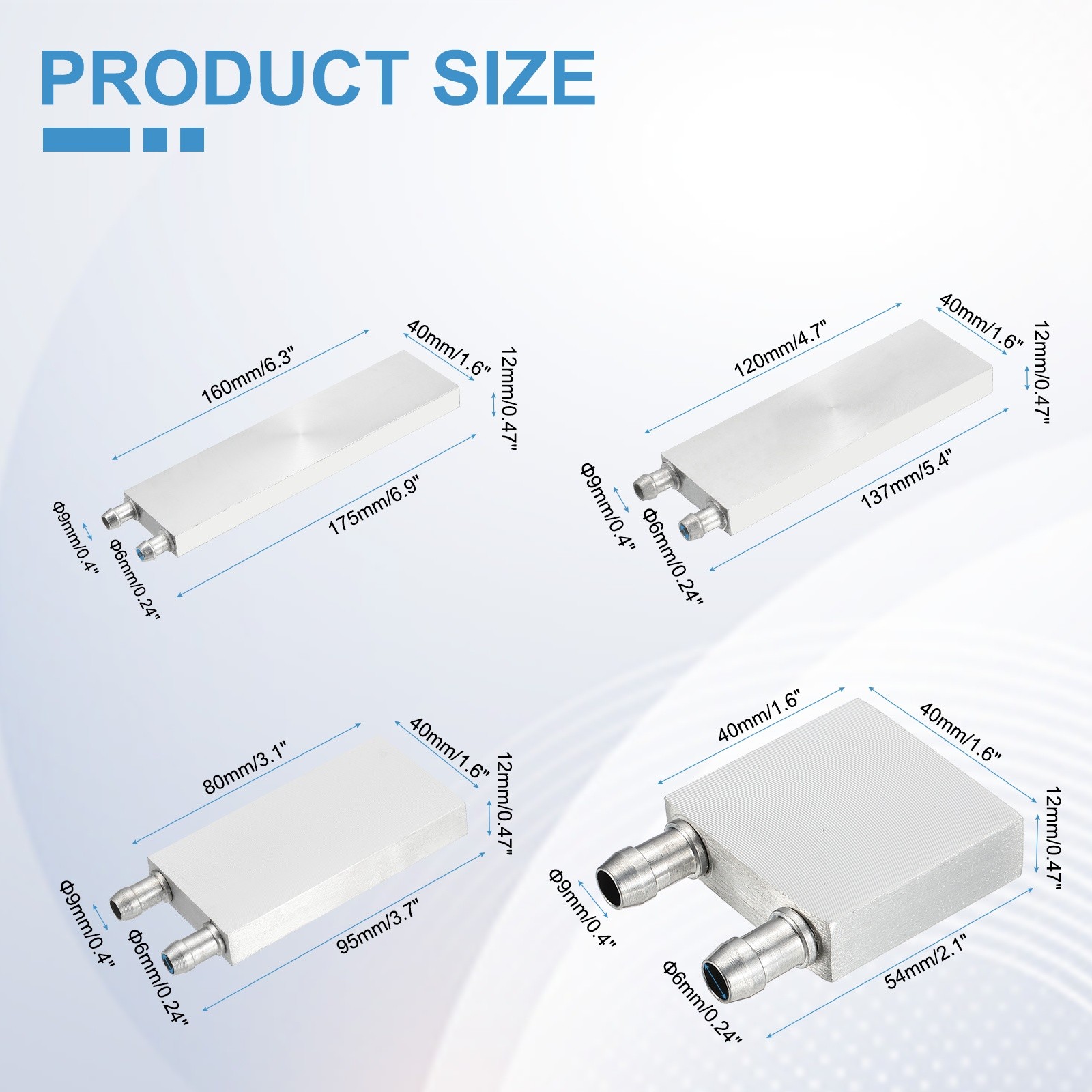 1SET Aluminum Water Cooling Block 40×40/80/120/160x12mm Liquid Cooler, Silver