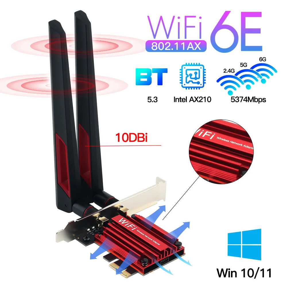 WiFi 6E 5374Mbps AX210 PCIE Wireless Bluetooth 10dbi Antenna For Win 10/11