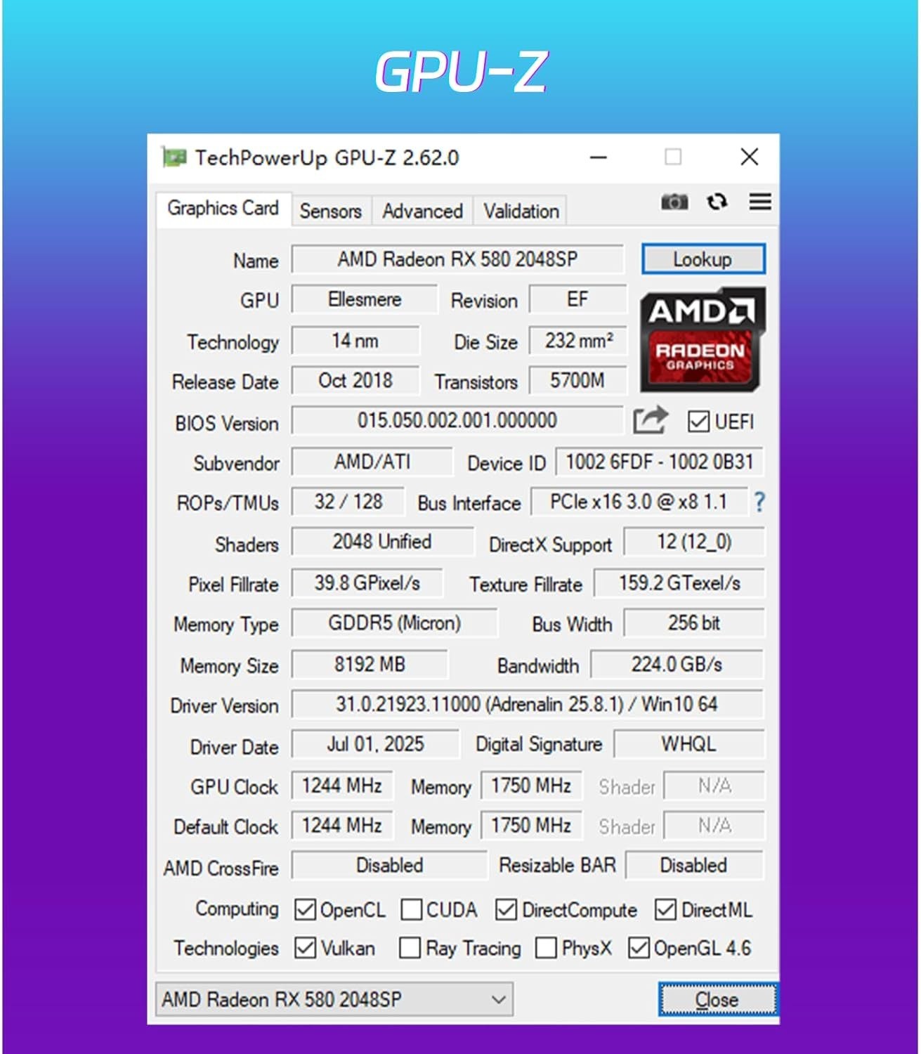 RX 580 GPU 8GB GDDR5 Video Card for PC Gaming/-