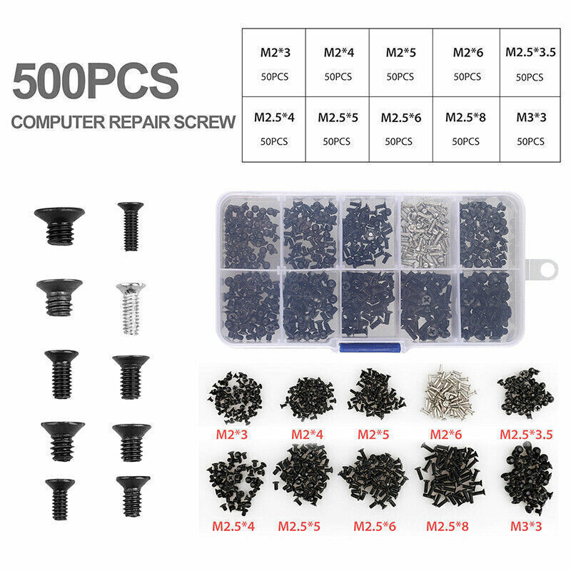 500pcs 10-Size Universal Laptop Computer Tablet M2 M2.5 M3 Screws Assortment Kit