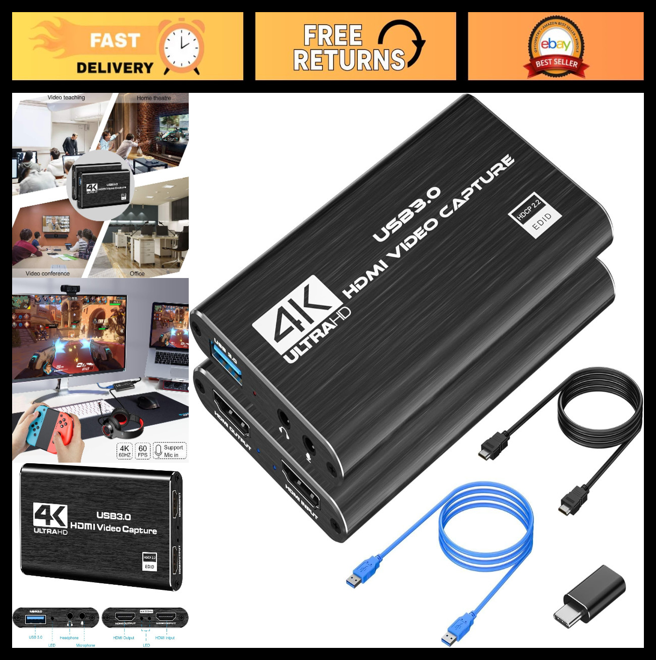 4K HDMI Capture Card for Streaming & Recording, 1080P 60FPS USB 3.0, Compatible