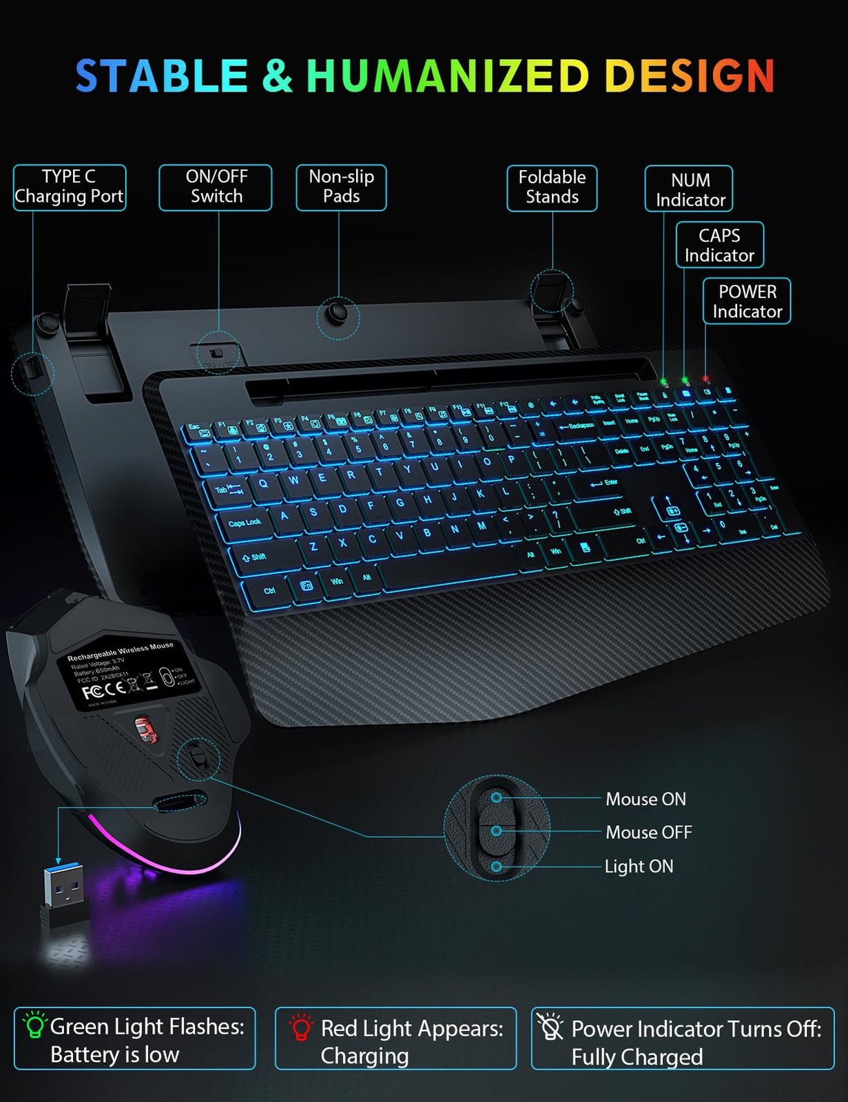 Wireless Keyboard and Mouse Backlits, Wrist Rest, LED Mouse, Rechargeable Erg…