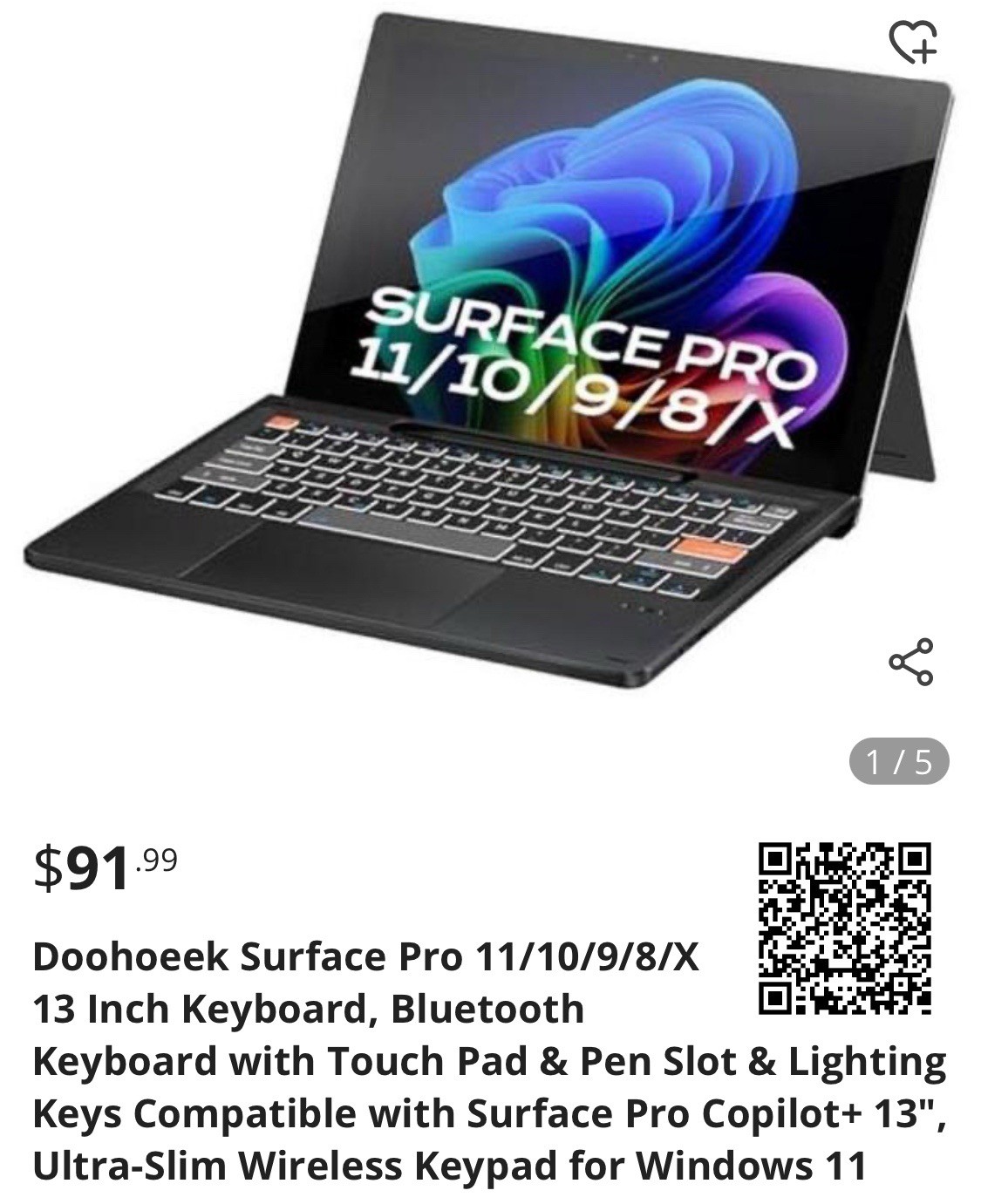 Doohoeek Surface Pro 11/10/9/8x 13 Inches Keyboard, Bluetooth Compatible