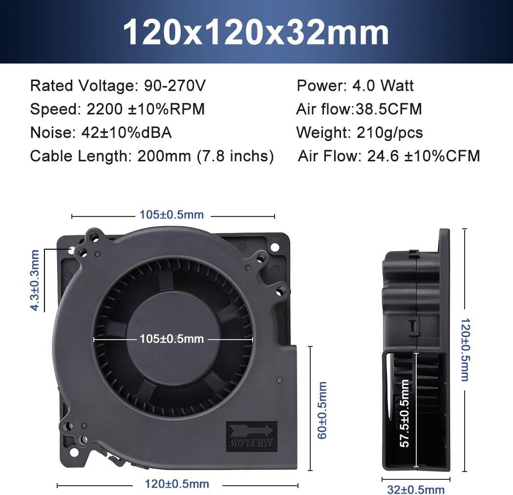 Wathai EC 120Mm X 32Mm 120V Blower Fan Duall Ball High Airflow Centrifugal Blowe