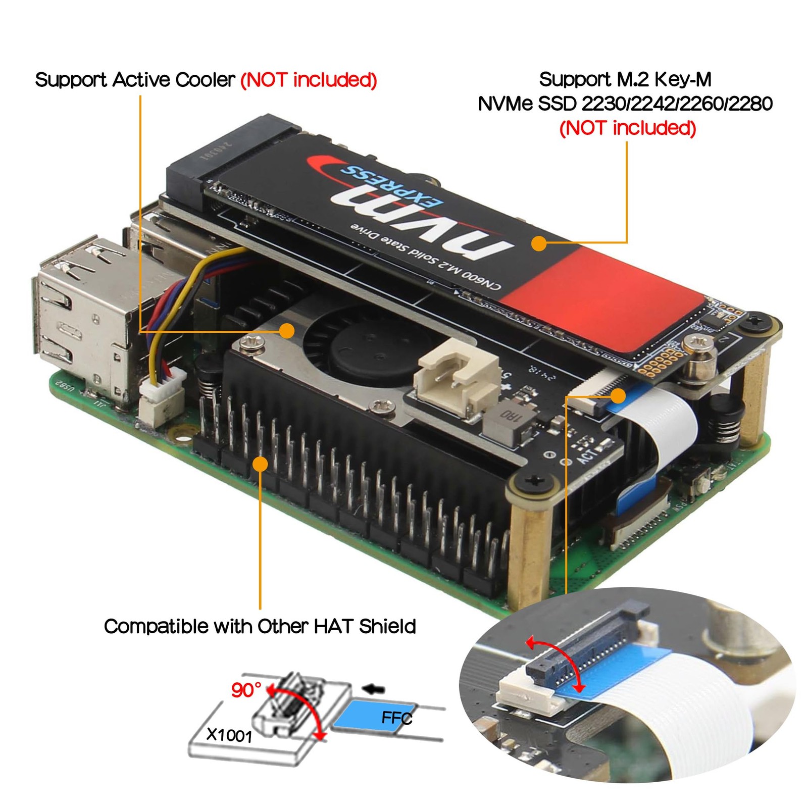 X1001 PCIe to M.2 HAT Key-M NVMe SSD PIP PCIe Peripheral Board for Raspberry …