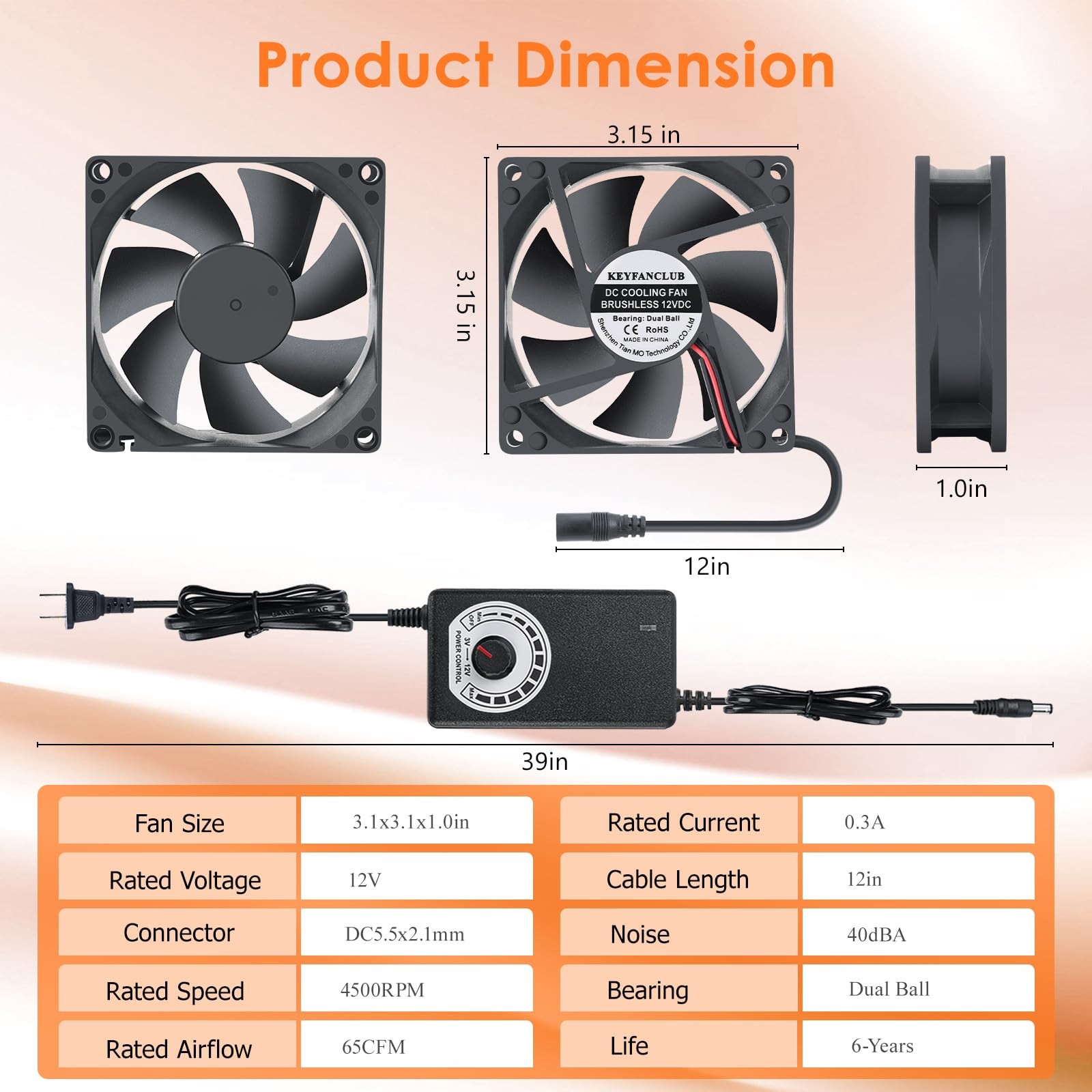 80mm Small Computer Fan with AC Plug, 110V 120V 220V 240V Fan with Speed Cont…