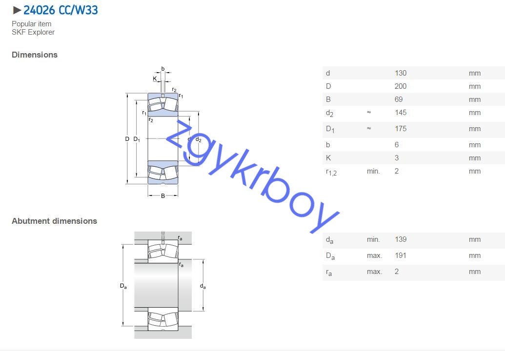 24026 CC/W33 Spherical Roller Bearings 130x200x69mm.