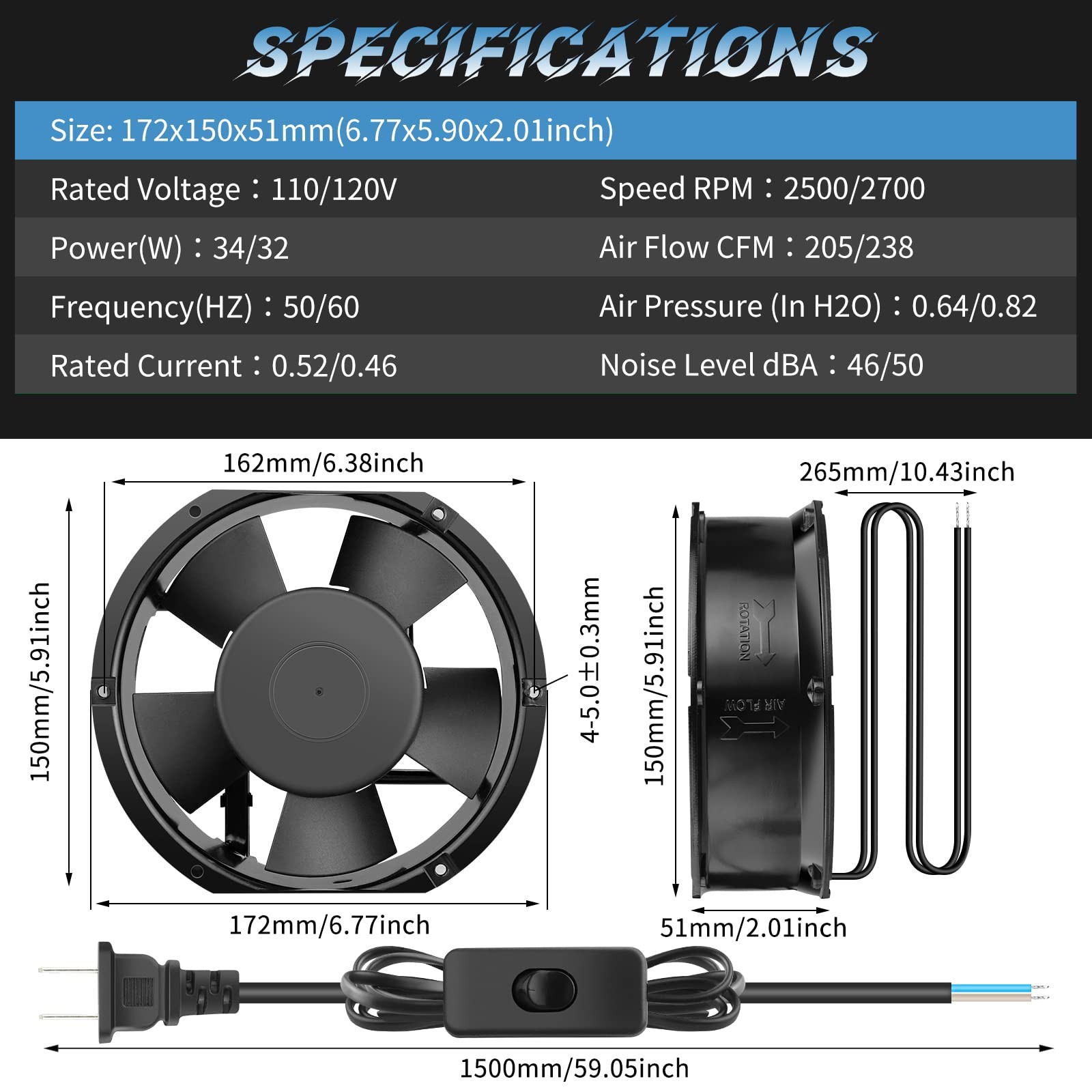 WDERAIR High Speed Axial Muffin Fan 172mm x 150mm x 51mm with Switch 110V 120…