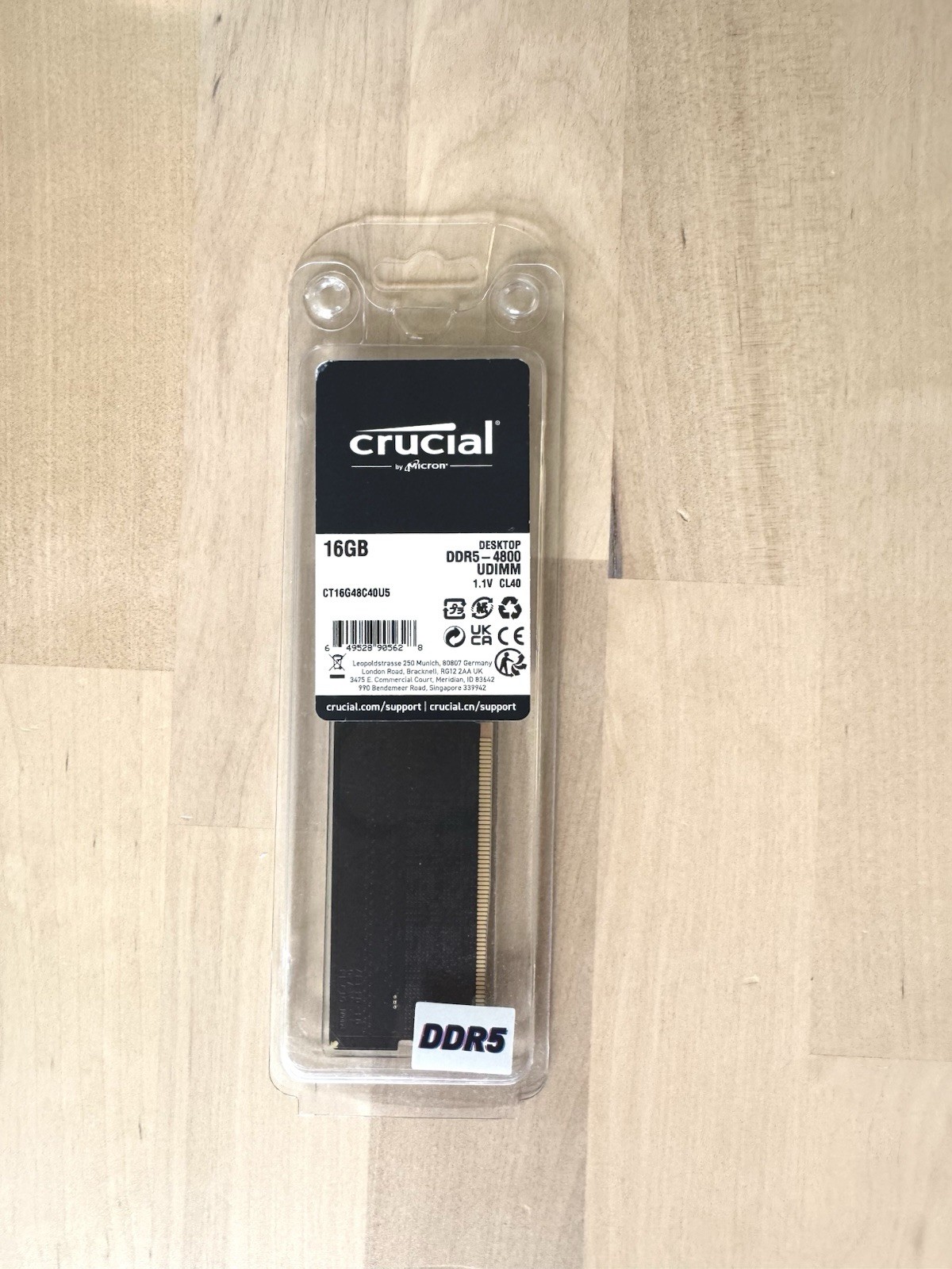 CT16G48C40U5 Crucial 16GB 288Pin DDR5 4800 PC5-38400 Desktop Memory Model PC RAM