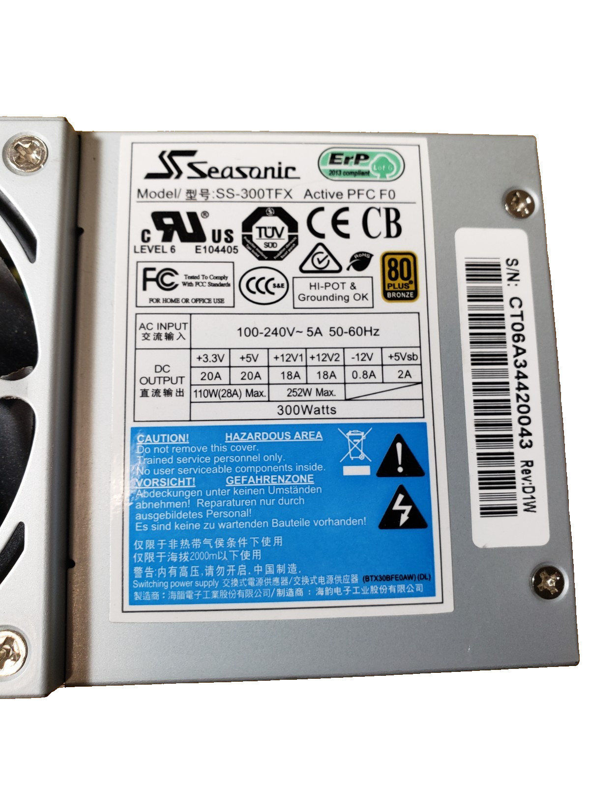 SeaSonic SS300TFX 20+4 Pin 300W SFF Desktop Power Supply | Tested
