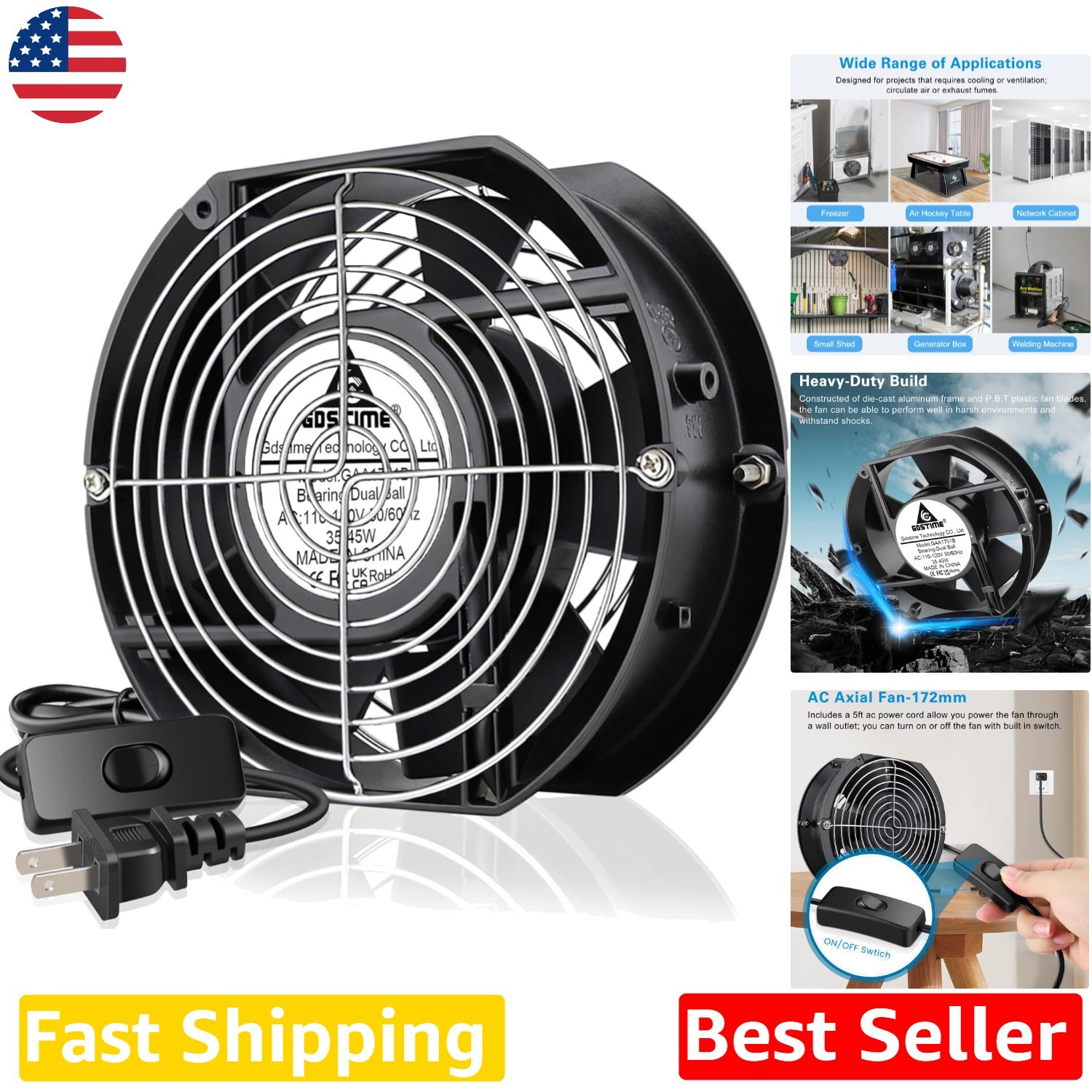 Heavy Duty 172mm Axial Fan 120V AC Dual Ball Bearing 245 CFM High Speed