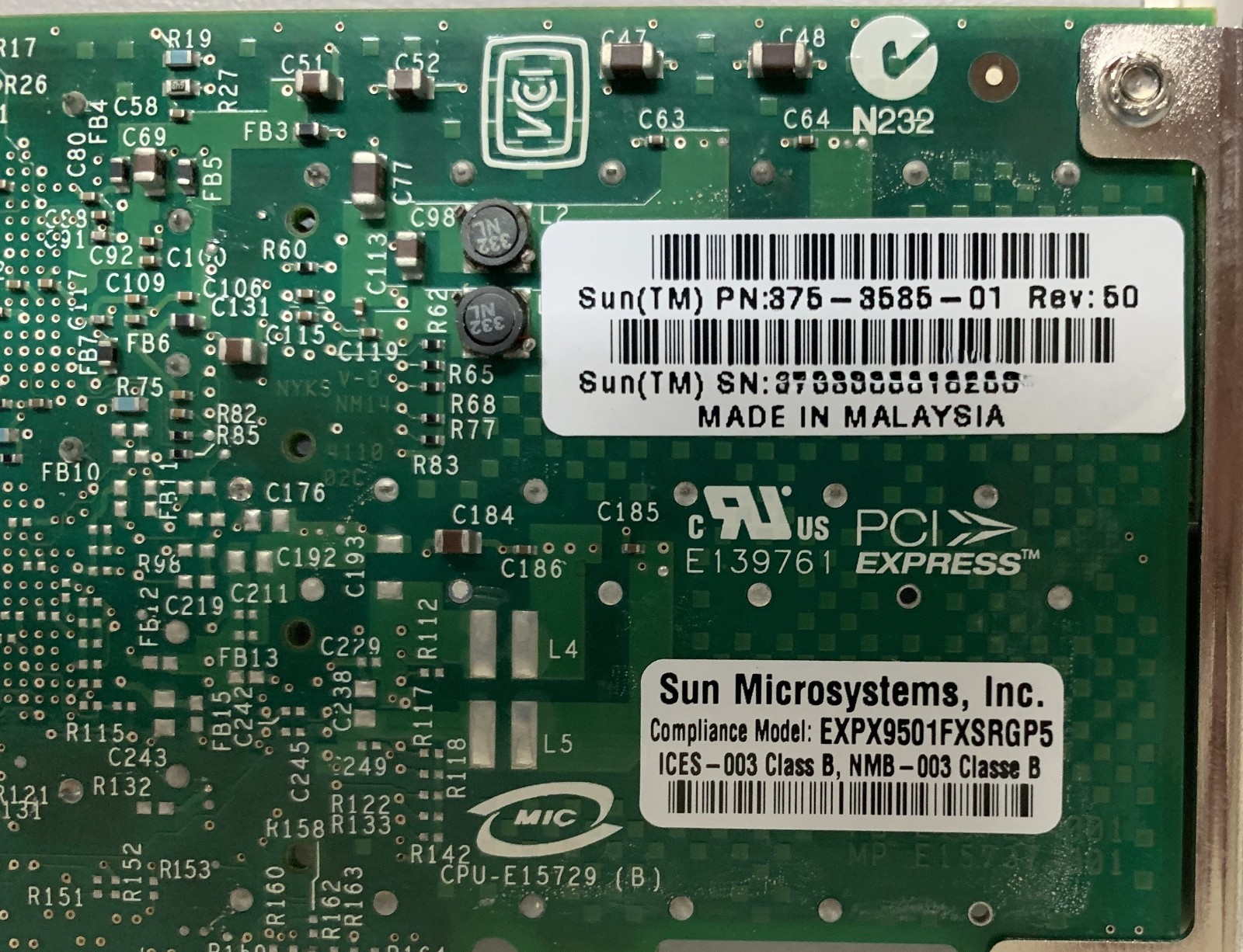 Lot of 2 Sun Assembly OPLIN 10GBE XFP SR PCI-E EXPX9501FXSRGP5 375-3585-01