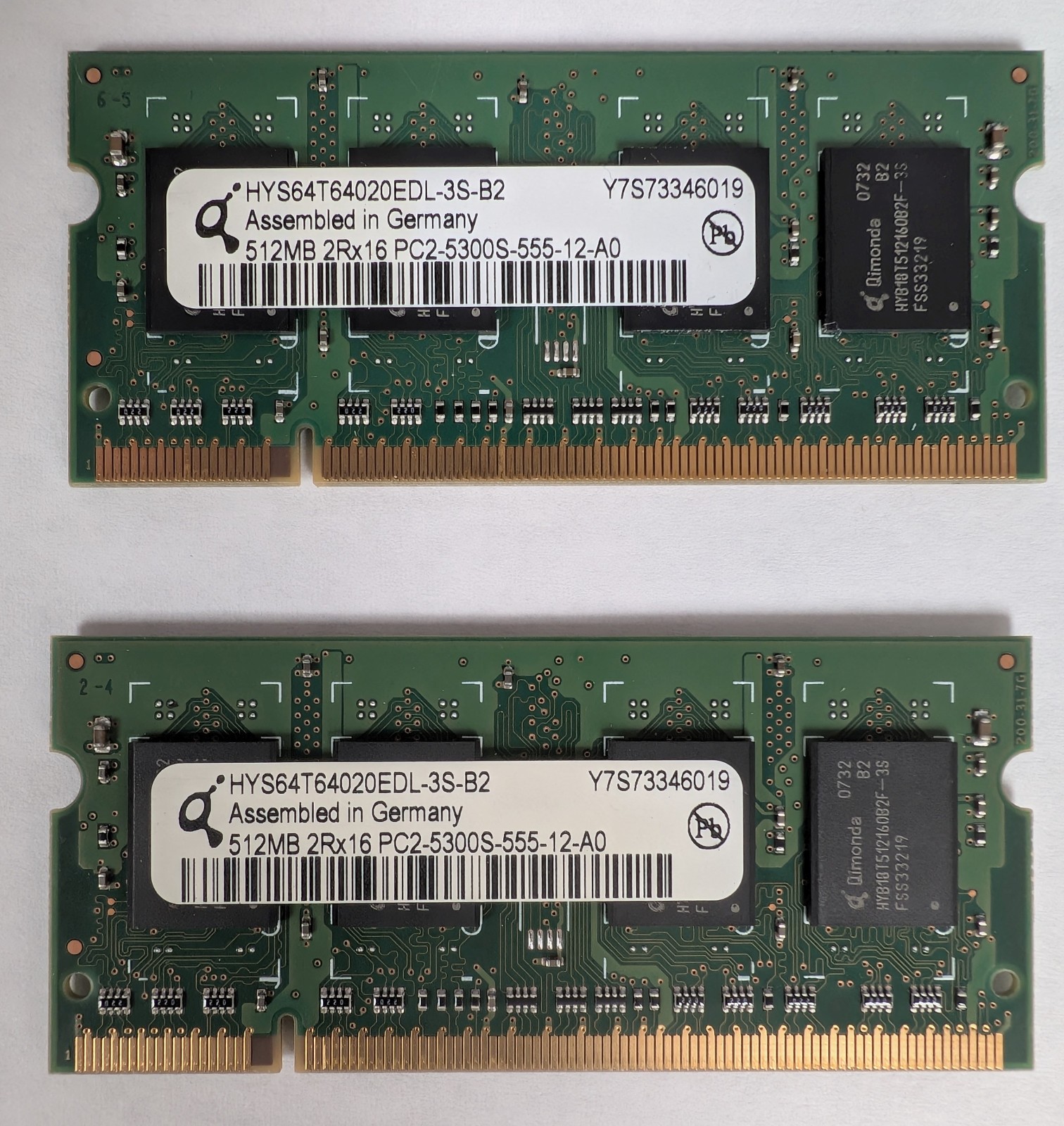 2 Qimonda HYS64T64020EDL-3S-B2 laptop memory, 512MB 2Rx16, PC2-5300S-555-12-A0
