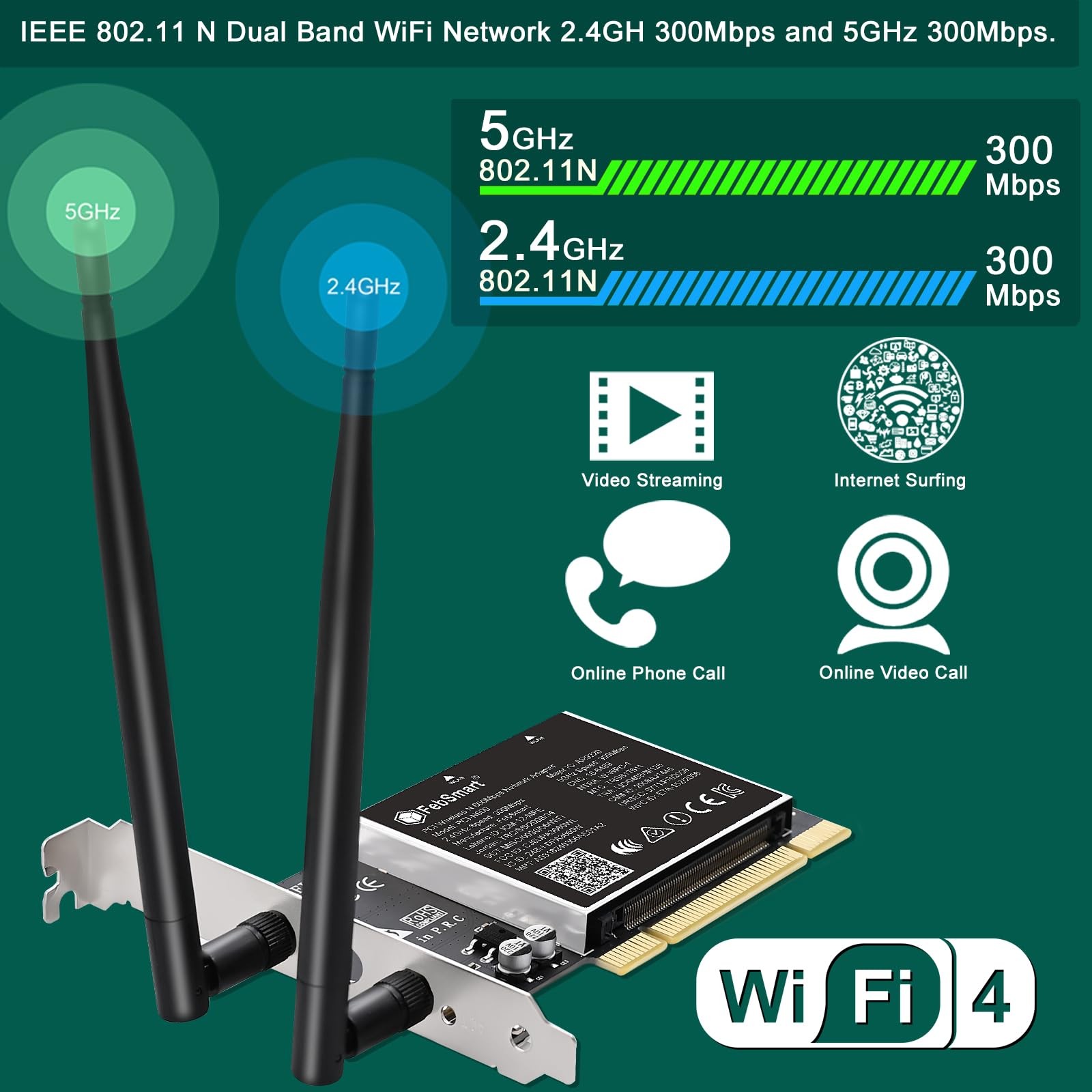 Wireless N Dual Band 600Mbps (2.4GHz 300Mbps or 5GHz 300Mbps) PCI WiFi Adapte…