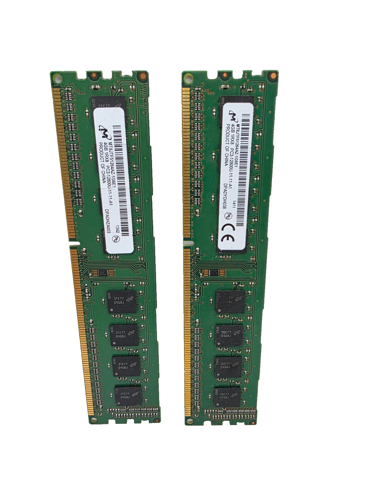 Lot of 2 Micron 4GB 1Rx8 PC3-12800U DDR3-1600 Desktop RAM MT8JTF51264AZ-1G6E1