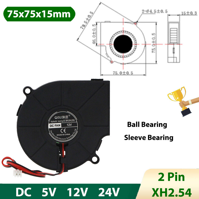 7515 Radial Turbo Blower Fan Mini Brushless Cooling Fan DC 5/12/24V 75x75x15mm