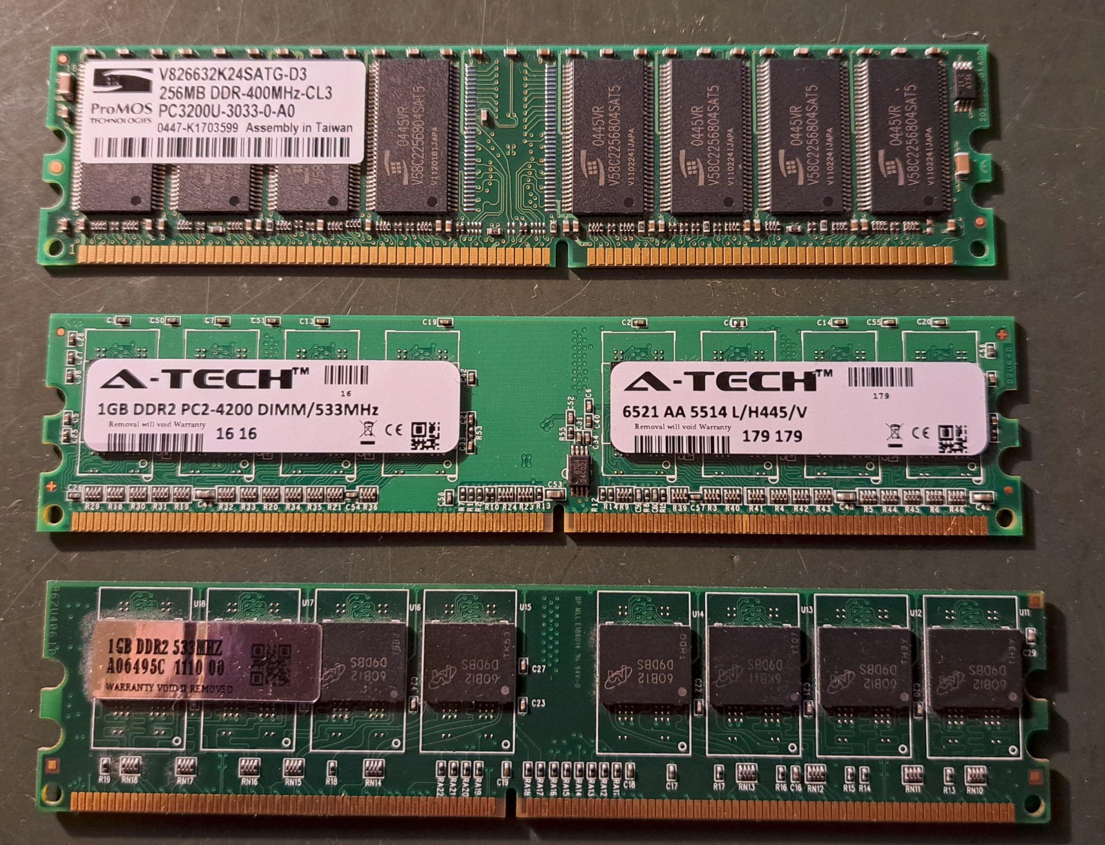 3 Memory cards A-Tech, ProMOS, M: 2 – 1GB DDR2 533 MHZ; , 1 – 256MB DDR 400MHZ