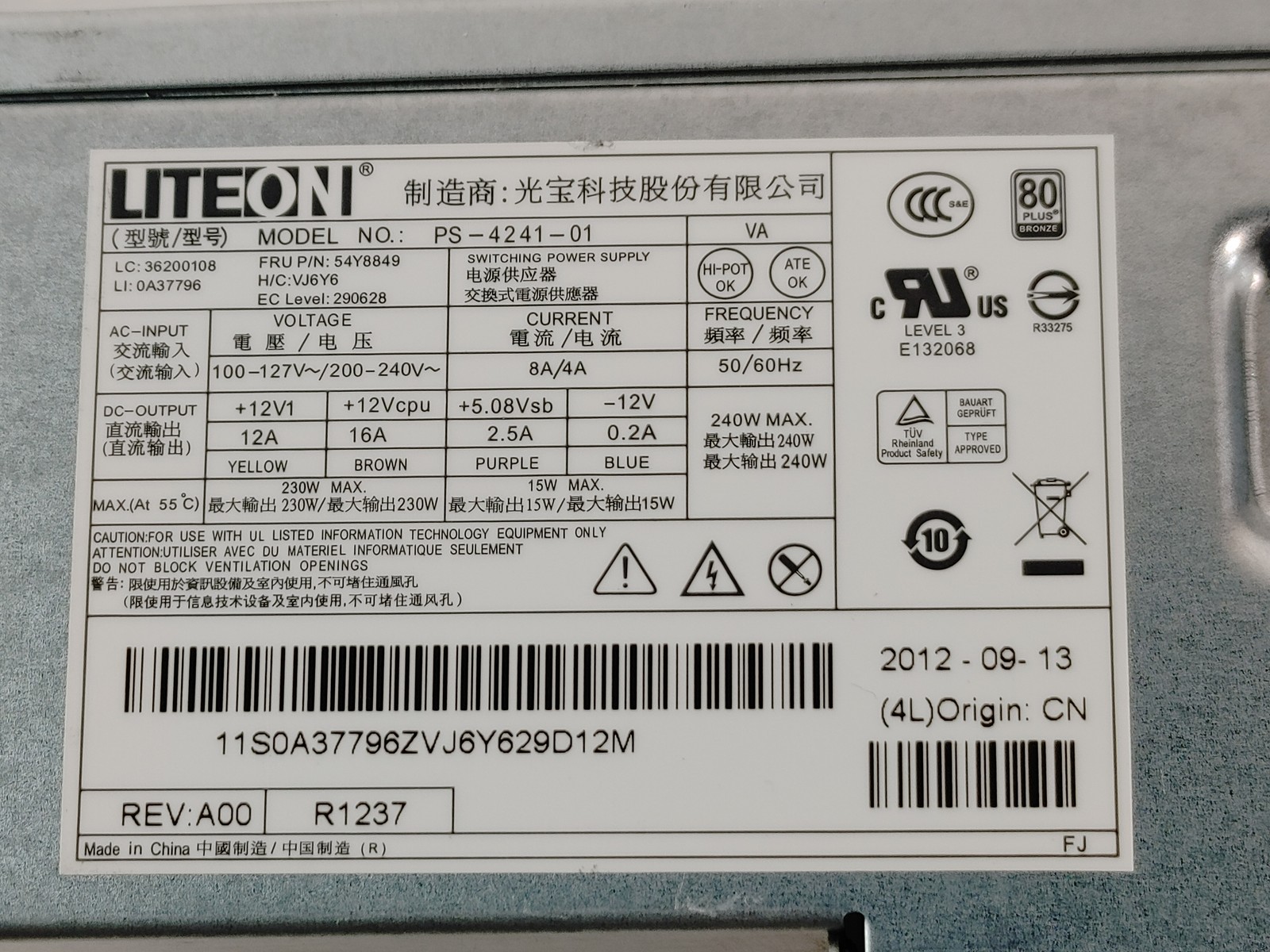 LiteOn PS-4241-01 240W Power Supply for ThinkCentre M92P / M75e SFF