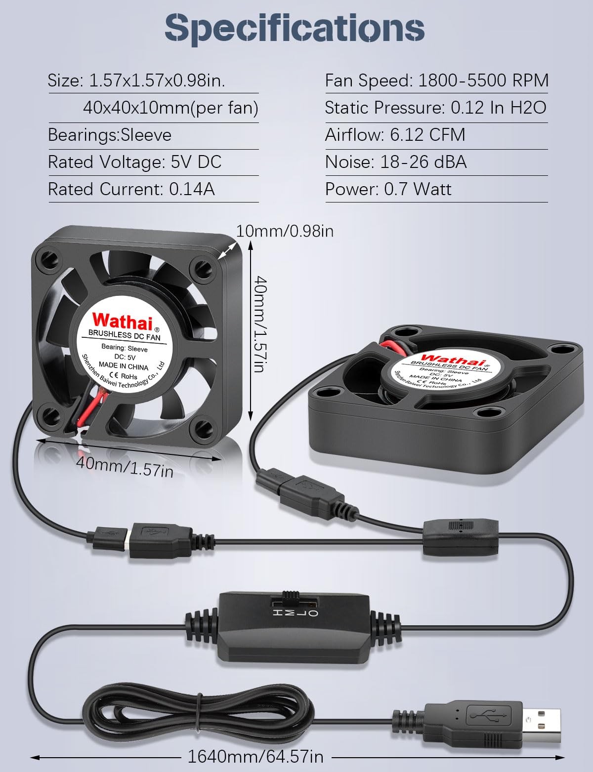 2Pack Wathai 40mm x 10mm Mini USB Fan with Speed Control 5V Small Computer