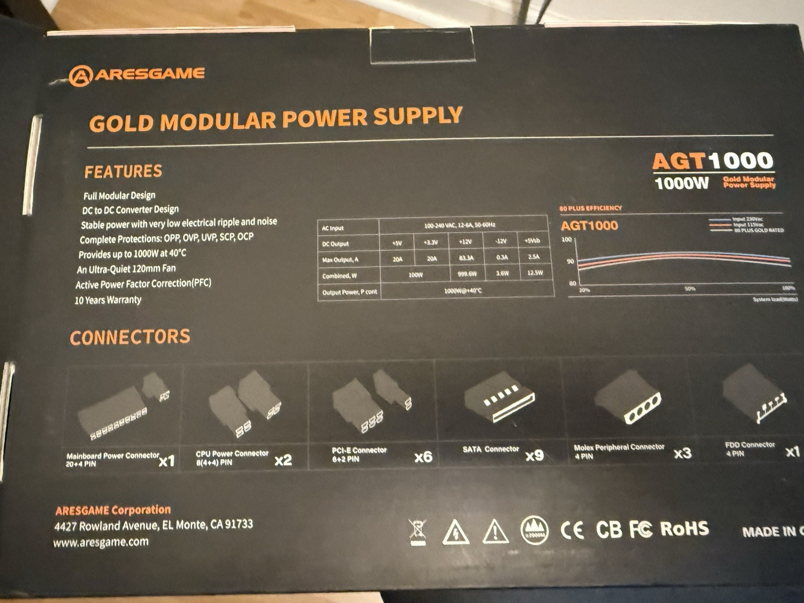 ARESGAME AGT1000 1000W 80 Plus Gold Modular ATX PSU Black SATA PCIe