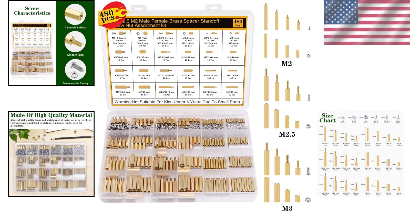 480-Piece M2 M2.5 M3 Standoffs & Screws Kit – Brass Fasteners for DIY Projects