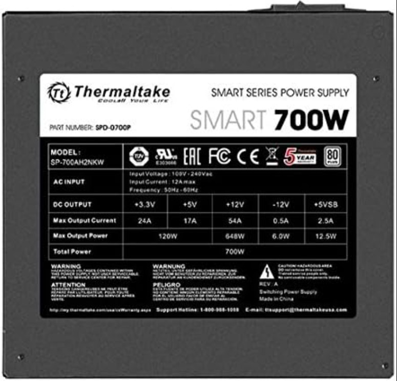 Thermaltake Smart SPD-0700NP 700W ATX Power Supply Black 120mm Ultra Quiet Fan