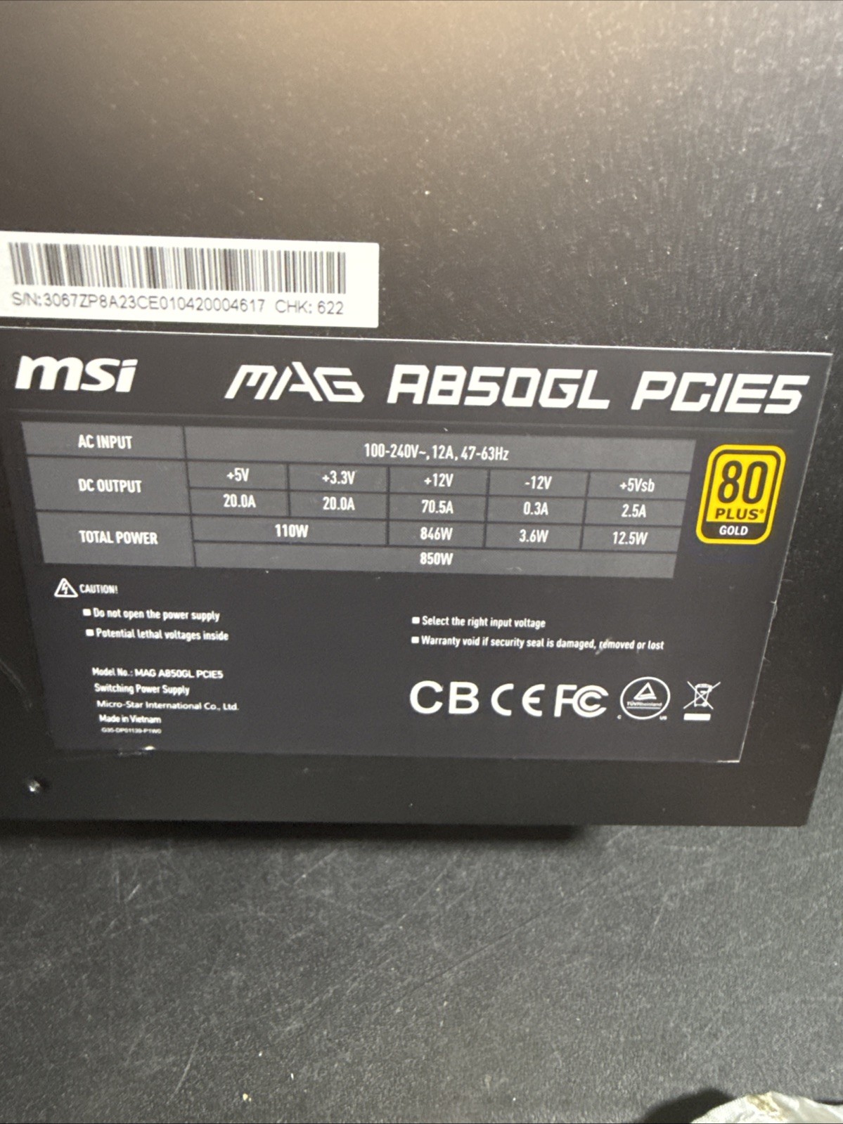 MSI – MAG A850GL PCIE 5.0, 80 GOLD Fully Modular Gaming PSU, 12VHPWR Cable,