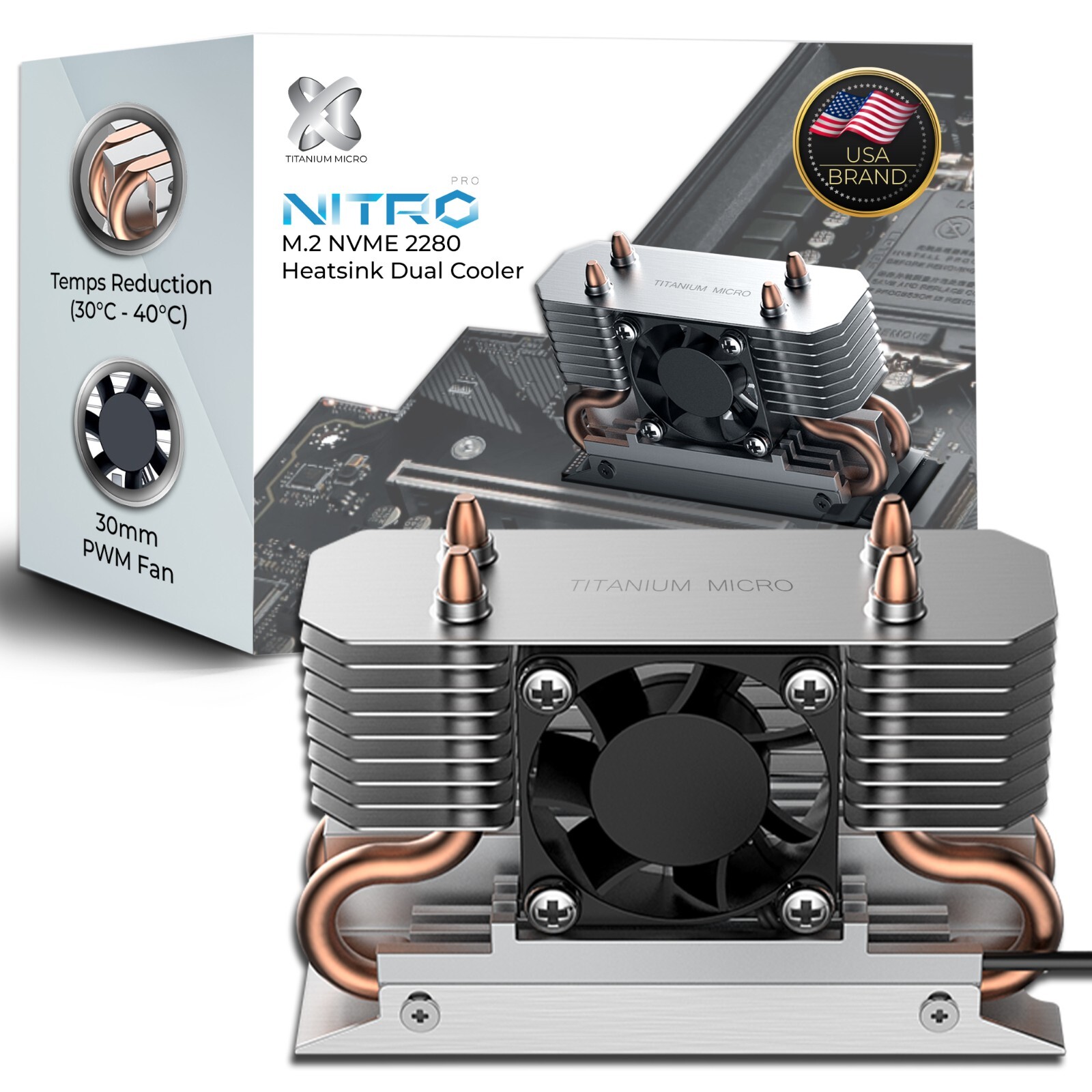 Titanium Micro Nitro Pro M.2 NVMe Heatsink, 2280 Dual Cooler Heatsink with 30mm