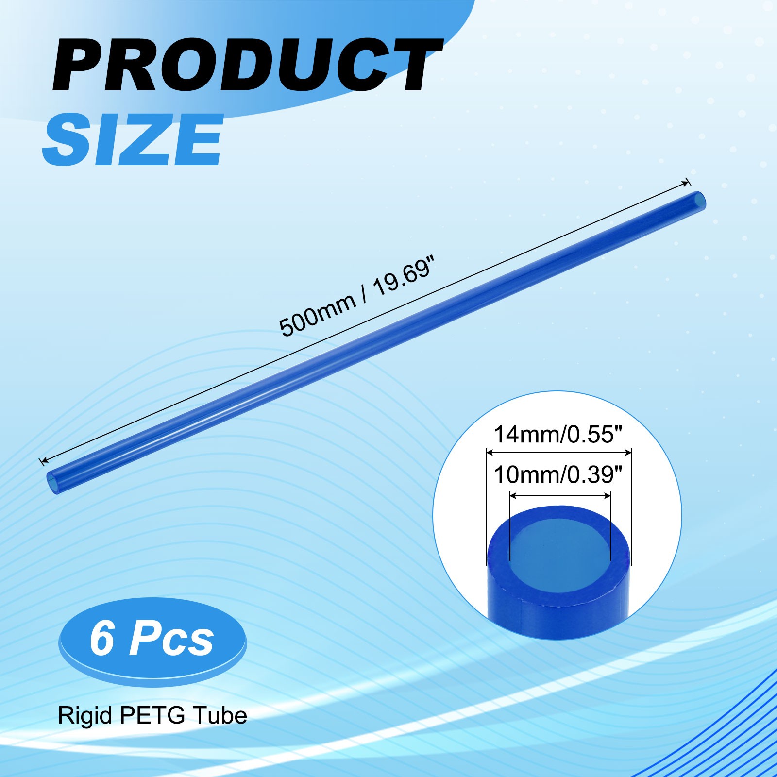 10mmID 14mmOD 500mm Length Rigid PETG Tube, 6PCS Water Cooling Hard Tubes, Blue