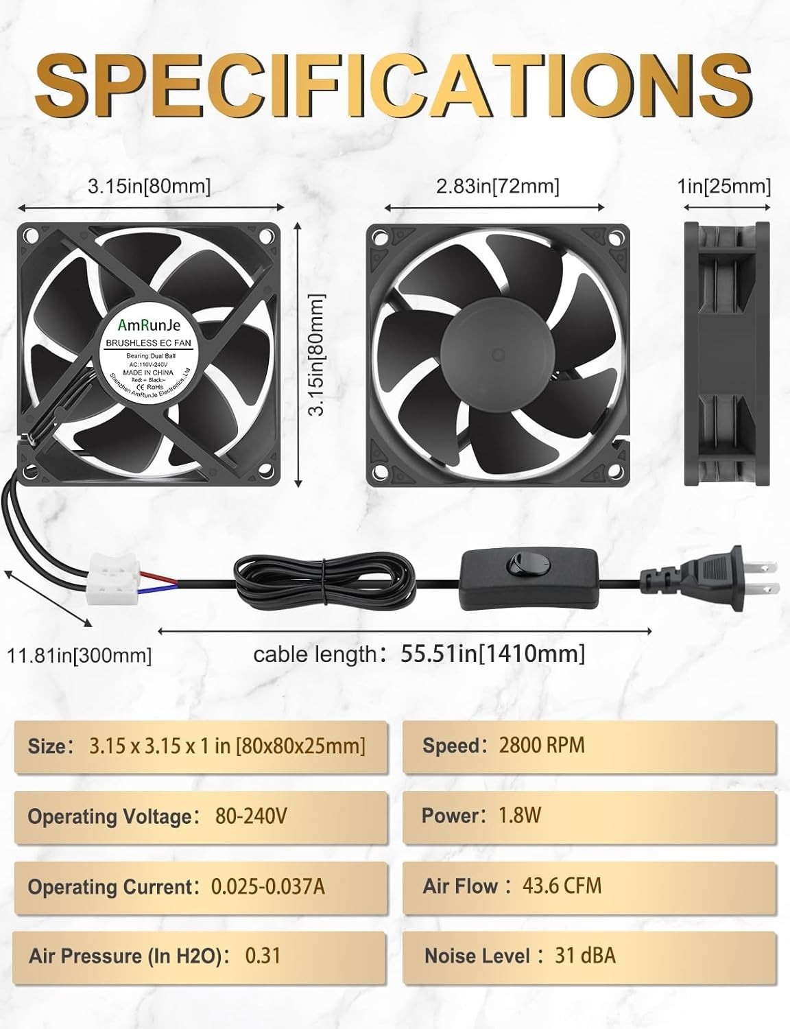 80mm AC Cooling Fan 110V 120V 220V 240V Low Watt Air Ventilation for PC Proje…