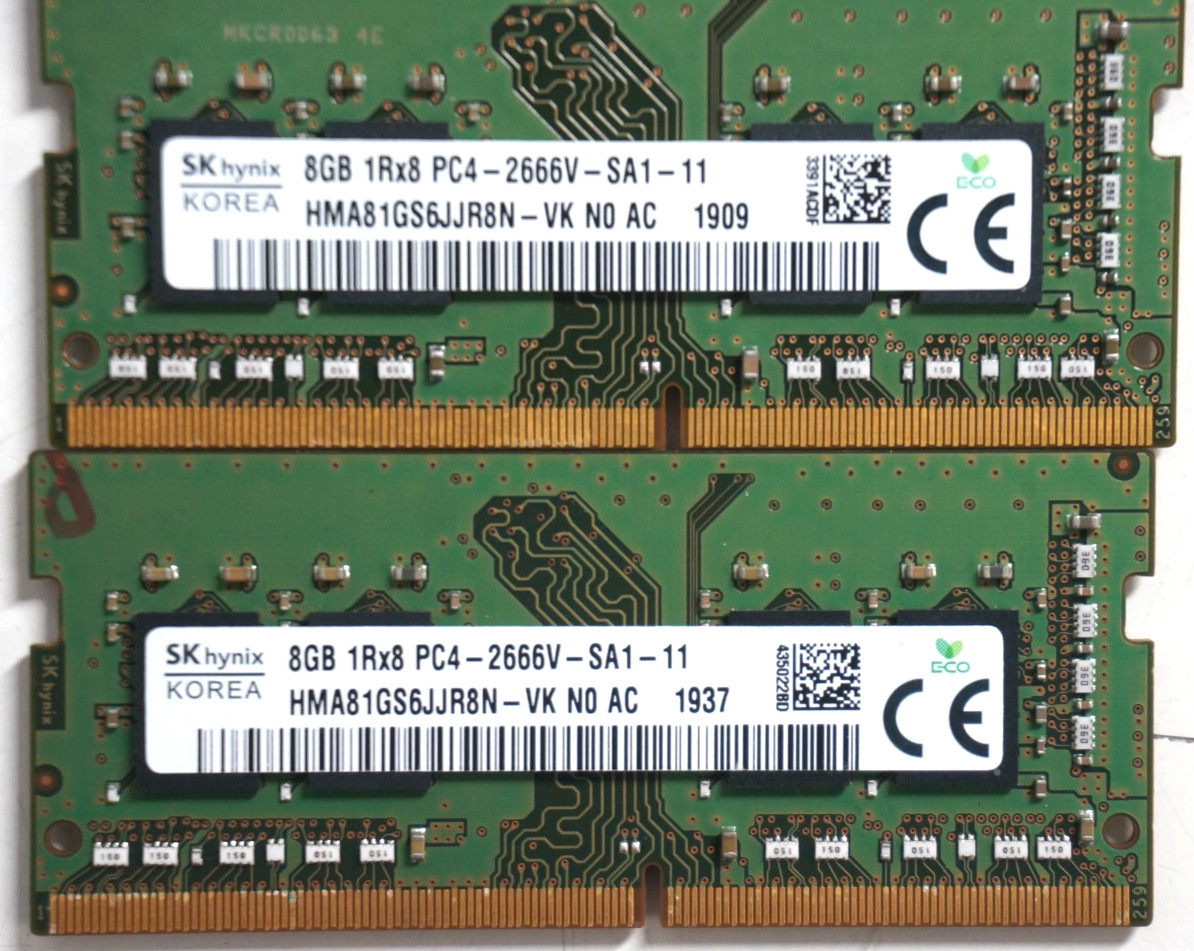 Lot of 2 SK Hynix 8GB 1Rx8 PC4-2666V-SA1-11 Laptop RAM