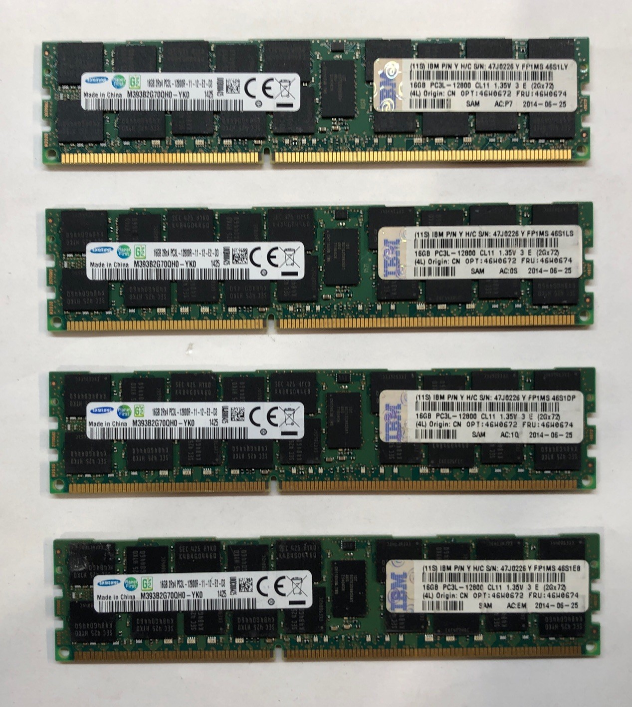Lot of 4 (64 GB) Samsung M393B2G70QH0-YK0 | 16GB 2Rx4 PC3L-12800R DDR3 ECC RDIMM