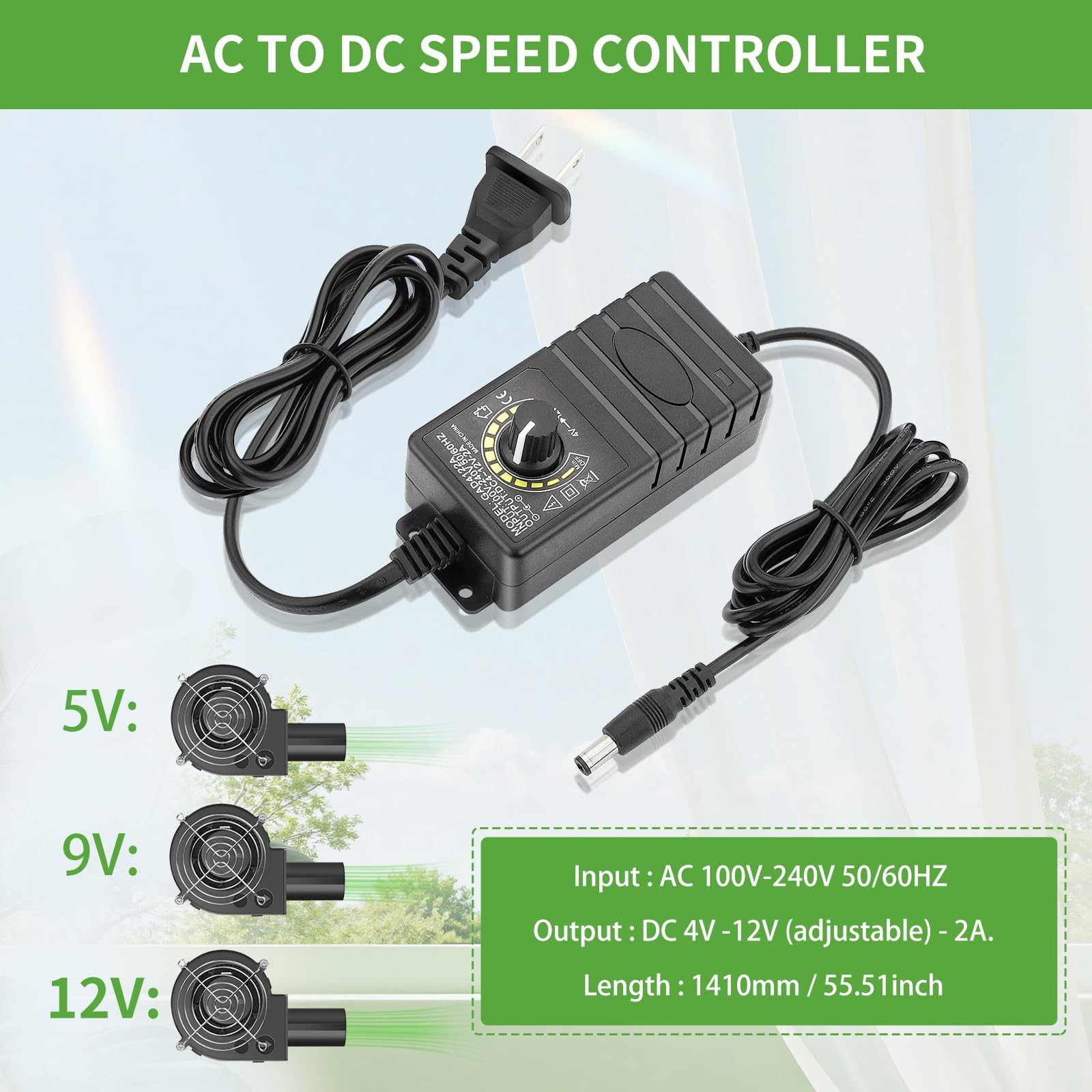 97mm x 33mm BBQ Blower Fan 12V with 120V – 240V AC Plug Variable Speed Controlle