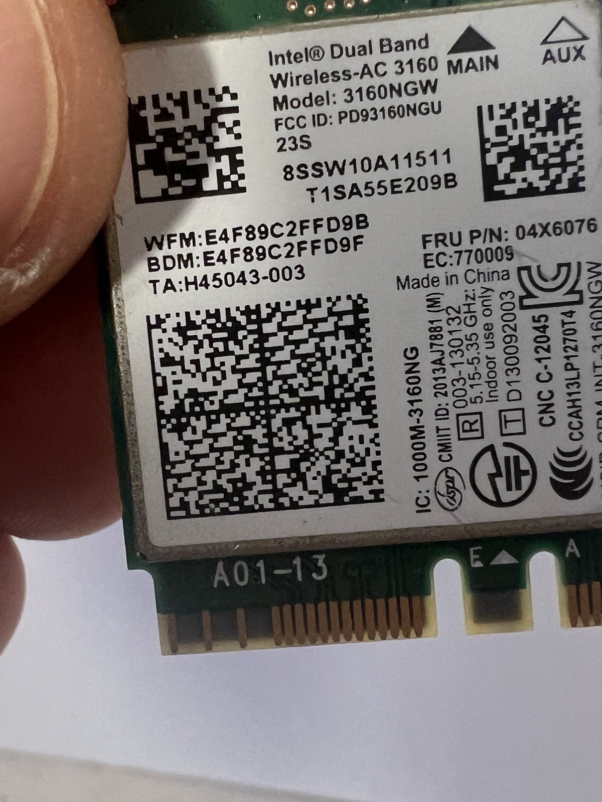 Intel Dual Band Wireless-AC 3160 3160NGW 802.11AC WiFi + Bluetooth 4.0 NGFF Card