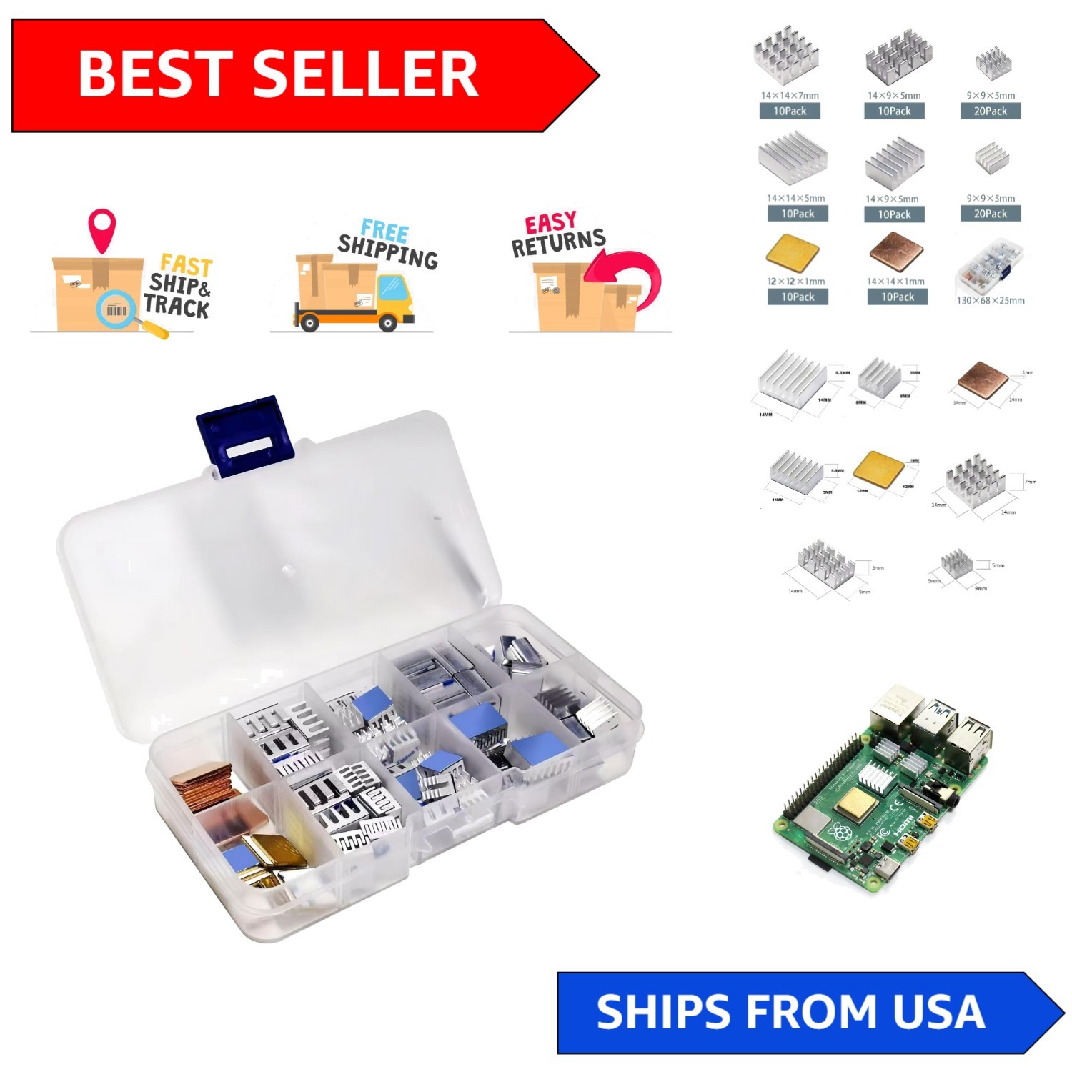 Versatile 100 PCS Heatsink Kit for Raspberry Pi A B C Series with Adhesive Tape