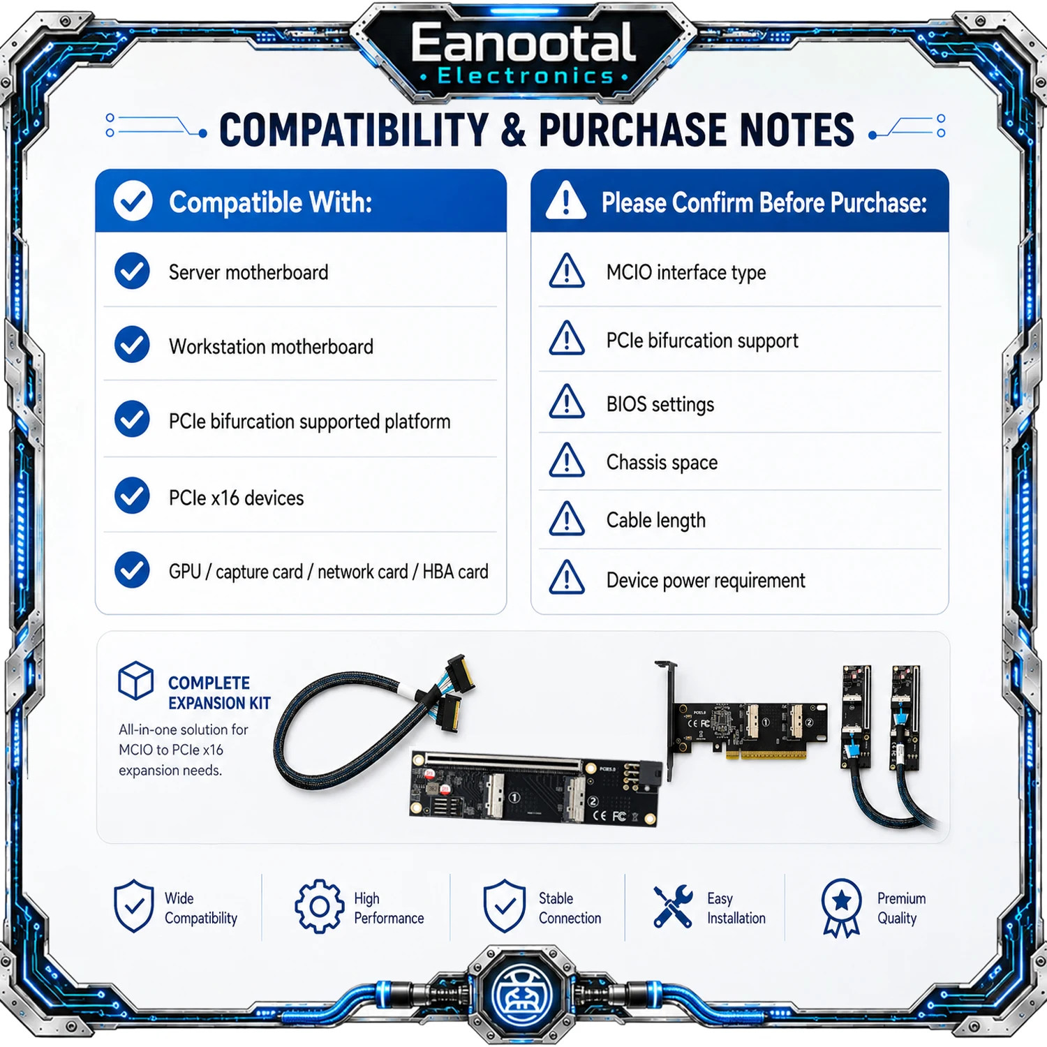 MCIO 5.0 to PCIe 5.0 X16 Expansion Kit Dual MCIO 8i Riser Adapter Card with 2 Ba
