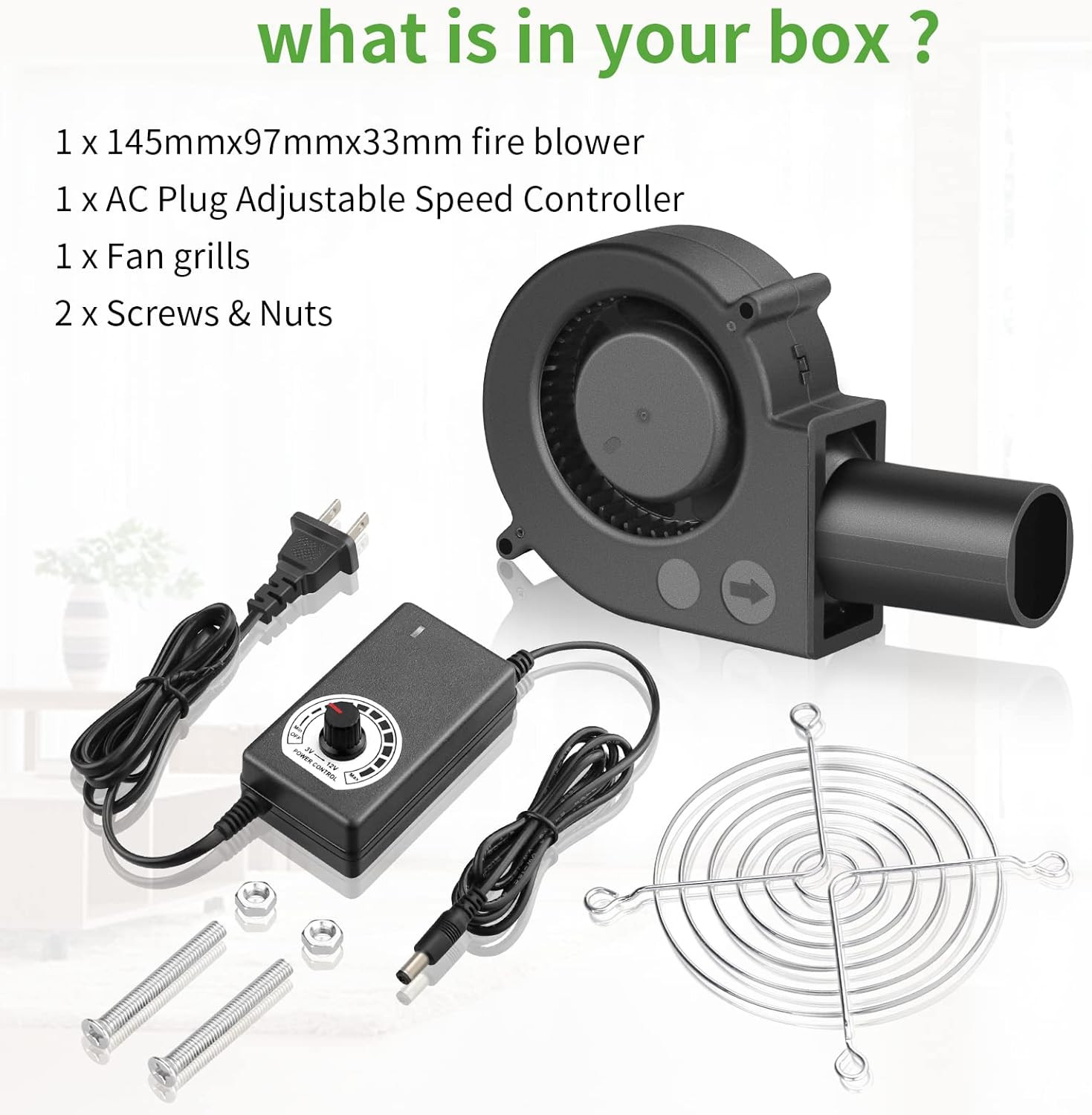 97Mm X 33Mm BBQ Blower Fan 12V with 120V – 240V AC Plug Variable Speed Controlle