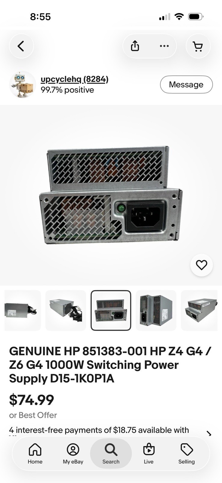 HP Z6 G4/Z4 G4 workstation power supply PSU 1000W 851383-001 D15-1K0P1A 2x8Pin