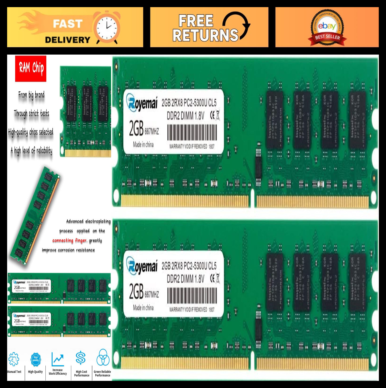 2x2GB DDR2 667MHz PC2 5300 Desktop RAM, 240-pin Non-ECC Unbuffered Memory Module
