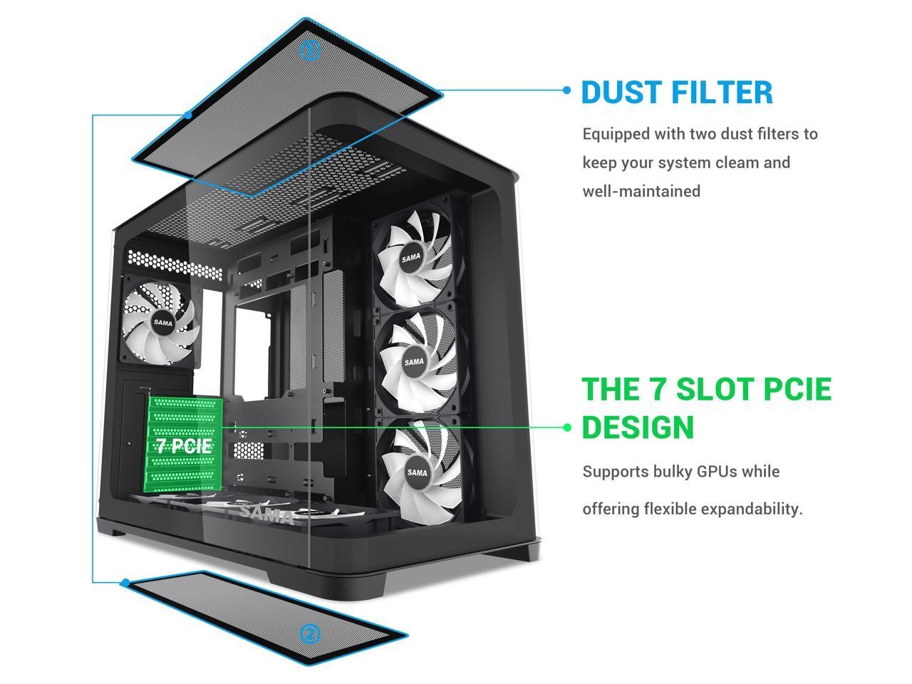 SAMA V60 PC Case, Mid-Tower Computer Case, A Curved Tempered Glass, 7