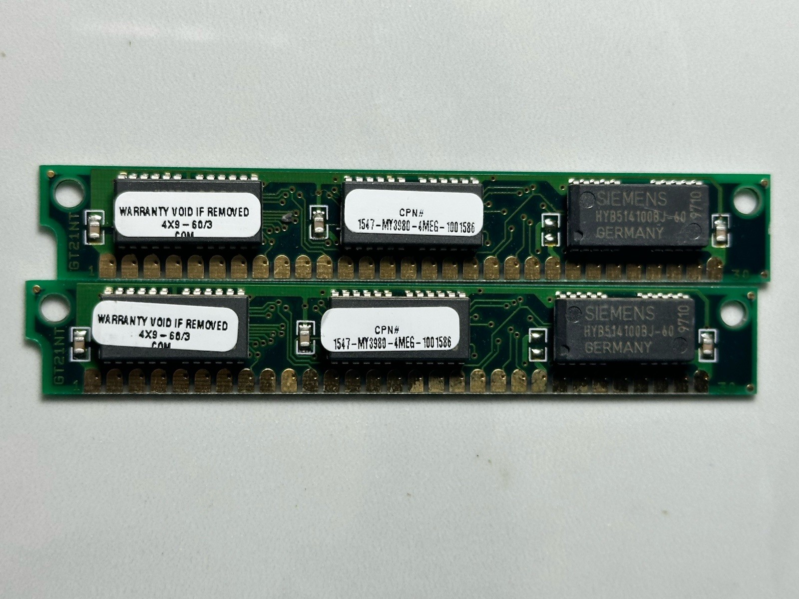 Lot of 2 Siemens 4MB 30-Pin SIMM FPM RAM HYB514100BJ-60 60ns 3-Chip Parity