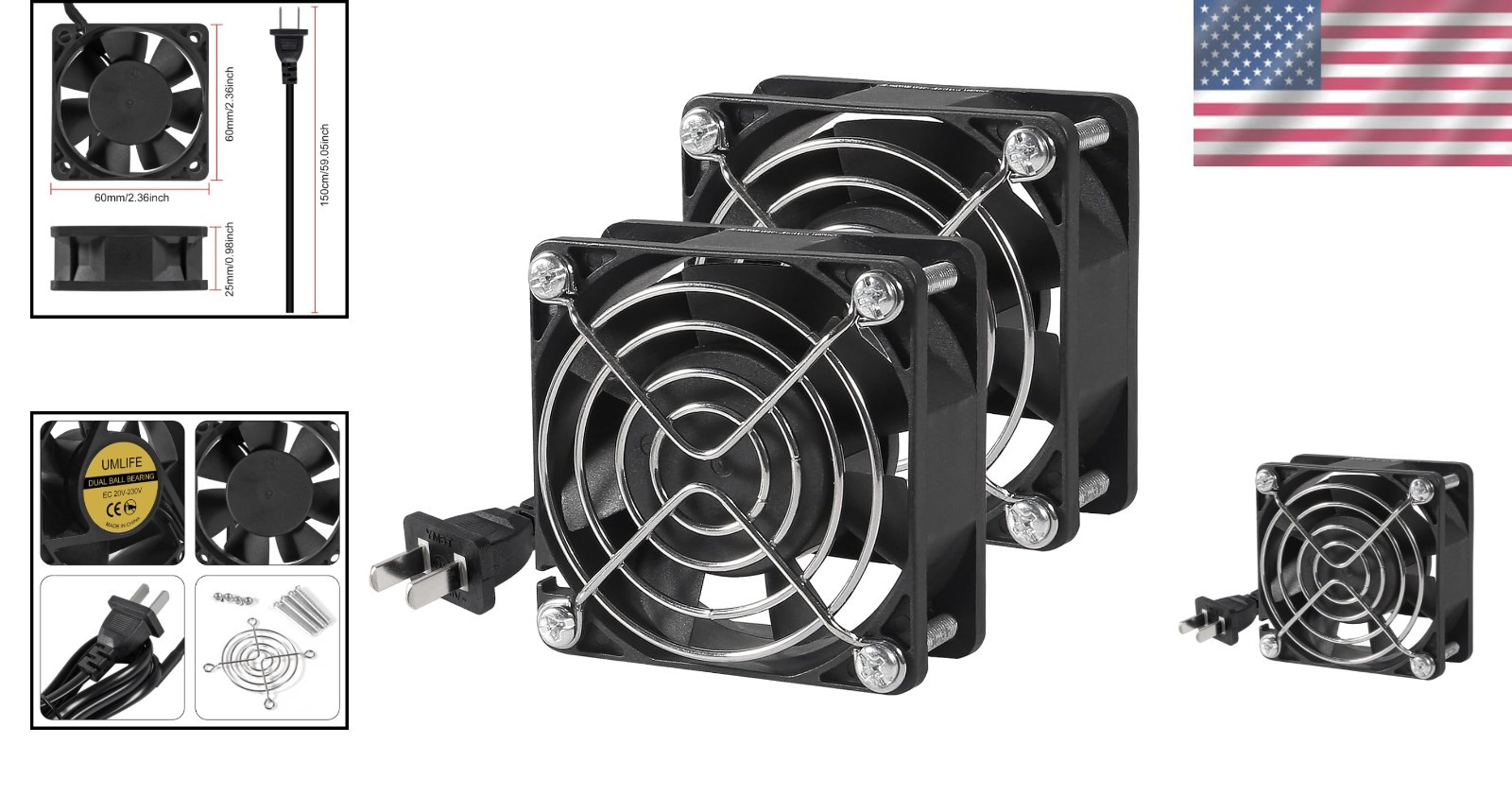 EC Cooling Fan 60Mm X 60Mm X 25Mm AC 110V 115V 120V 220V 240V Dual Ball Bearings