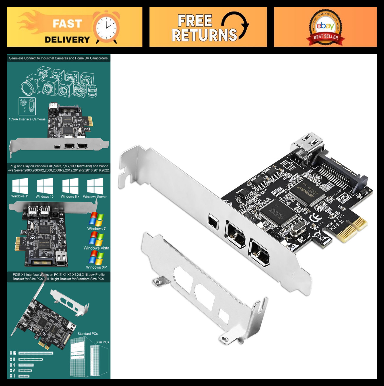 4-Port PCIe Firewire 400 Card for Windows & Mac, TI Chipset, 3x 6Pin, 4Pin Cable