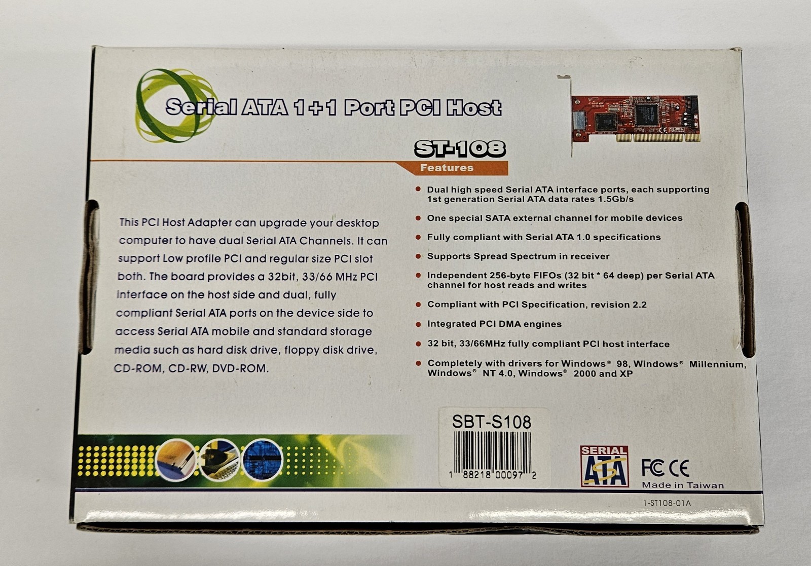Serial ATA 1 + 1 Port PCI Host ST-108 Card