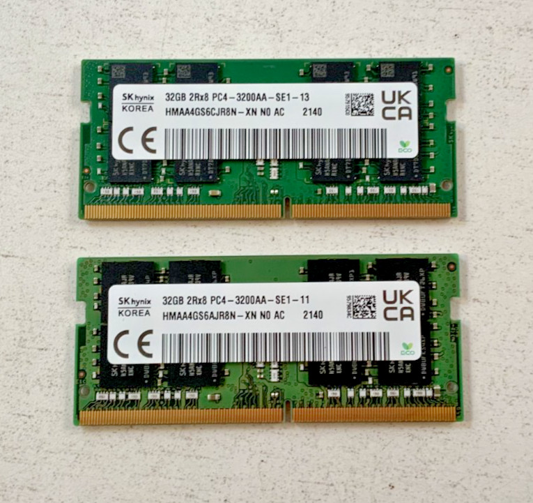 Lot of 2 SK Hynix 32gb 2Rx8 PC4-3200aa DDR4-3200 HMAA4GS6AJR8N-XN SODIMM