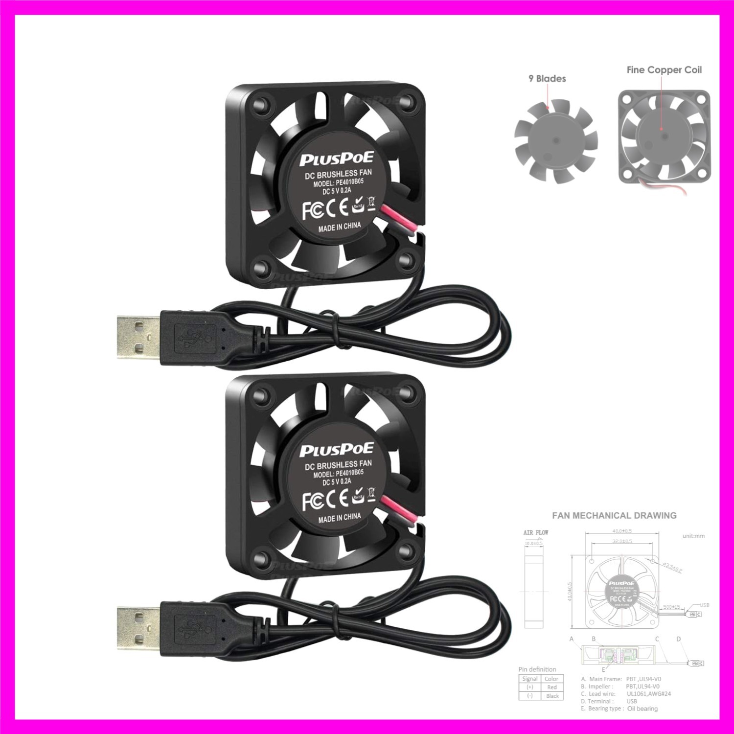 2 Pack USB Brushless Cooling Fan, DC 5V 40mm x10mm 4200 RPM Speed 4010 Small …