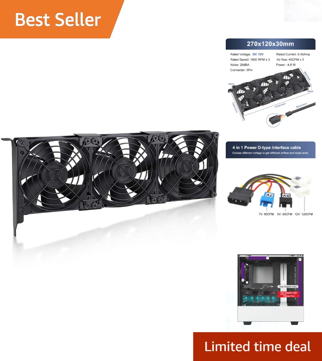 3x90mm GPU Cooler Fans 120 CFM 37dBA PWM For Gaming Video Editing Mining Rigs
