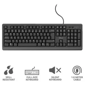 TECLADO ALAMBRICO TRUST PRIMO – SILENCIOSO – ANTI SALPICADURAS – NEGRO