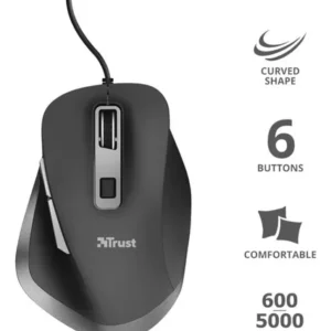 MOUSE INALAMBRICO TRUST FYDA – 2400 DPI -ERGONOMICO – RECARGABLE POR USB (CABLE INCLUIDO) – NEGRO