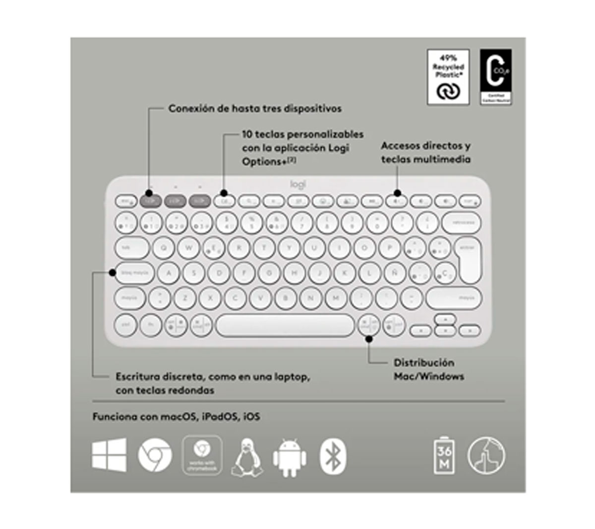 TECLADO LOGITECH PEBBLE KEYS 2 K380S - BLANCO